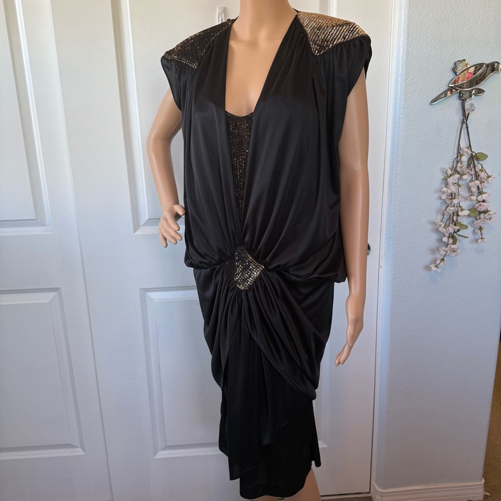 VINTAGE 70s 80s disco 🪩 era black copper metallic draped drop waist Dress 10